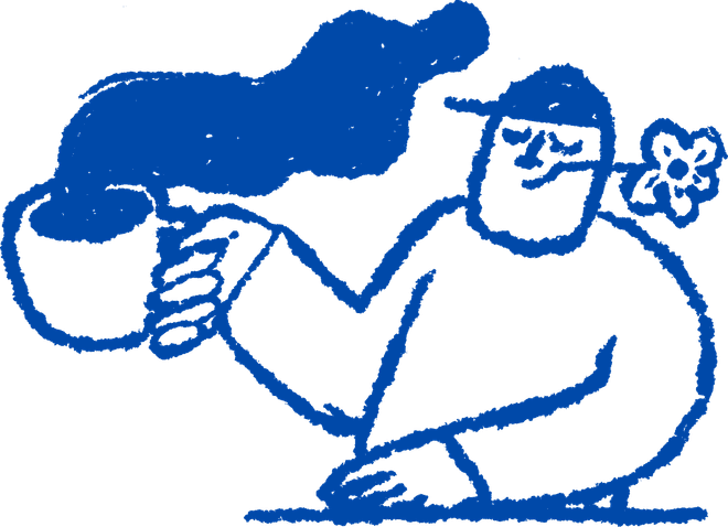 Hand-drawn italø illustration: two friends, one holding a coffee cup, the other with a flower behind the ear