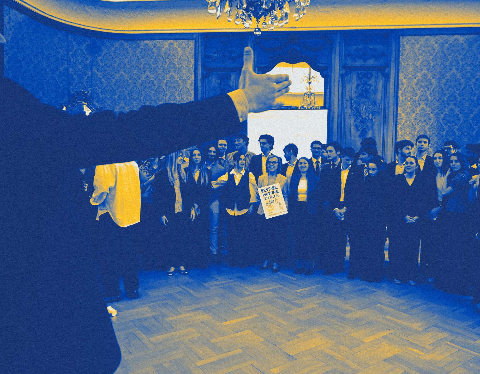 The italø community posing for a group photo in a gilded hall, blue and yellow duotone